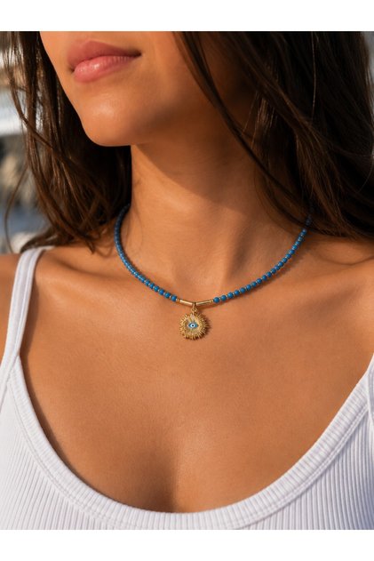 Blue Beaded Women's Necklace with Evil Eye Bead Pendant