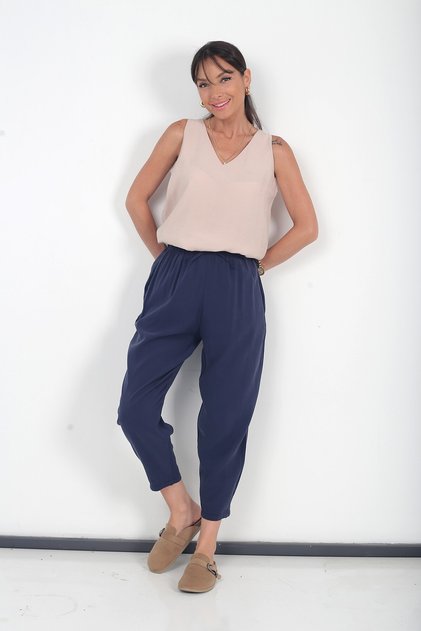 Women's Italian Cotton Lyocell Shalwar Trousers with Elastic Waist and Pockets