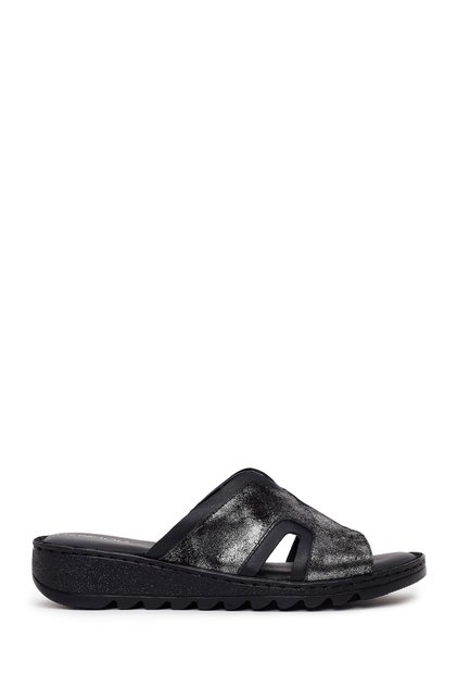 Women's Black Leather Comfort Slippers 26Sfd410614