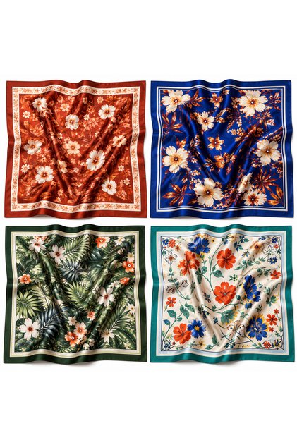 Pachet de 4 eșarfe de damă cu imprimeu floral |   COLECȚIE DE EȘARFE PĂTRATE CU MODEL FLORAL