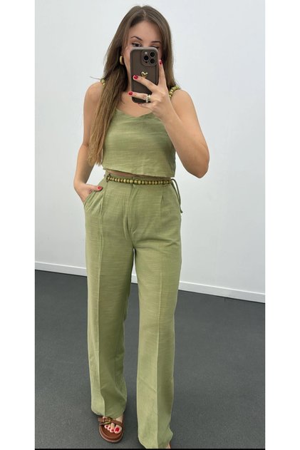 Kadın Boncuk Detaylı Keten İp Askılı Crop Pantolon Takım