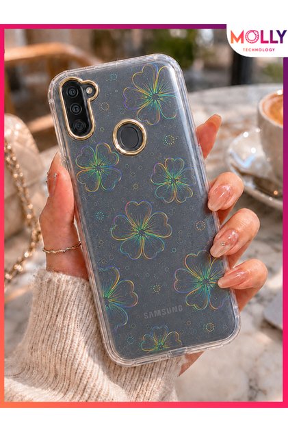 Transparent Silicone Case with Gold Hologram Flowers for Samsung Galaxy A11