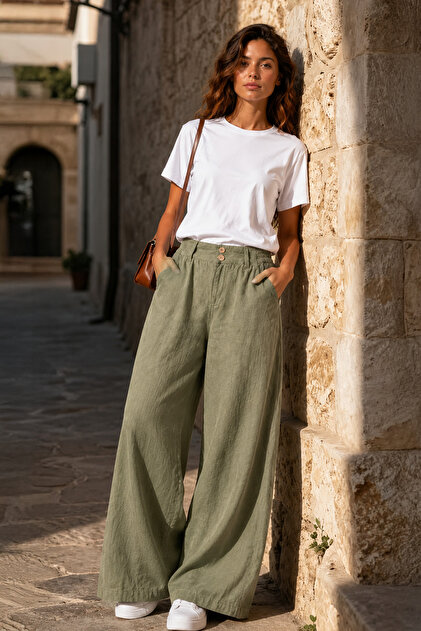 Denvy Denim Kadın Adaçayı Yeşili Çift Düğme Detaylı Palazzo