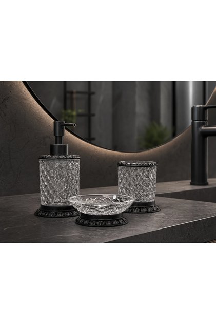 طقم إكسسوارات الحمام من سيرا بريميوم، زجاج ومعدن، 3 قطع - طقم حامل صابون كريستالي، وحامل صابون صلب، وحامل فرشاة أسنان