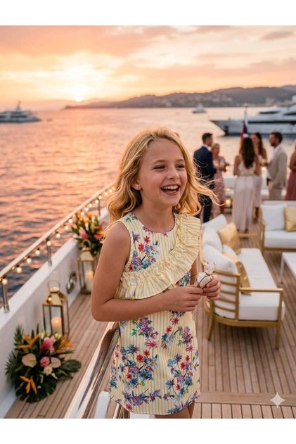 Girl's Ruffled Striped Colorful Floral Print Dress