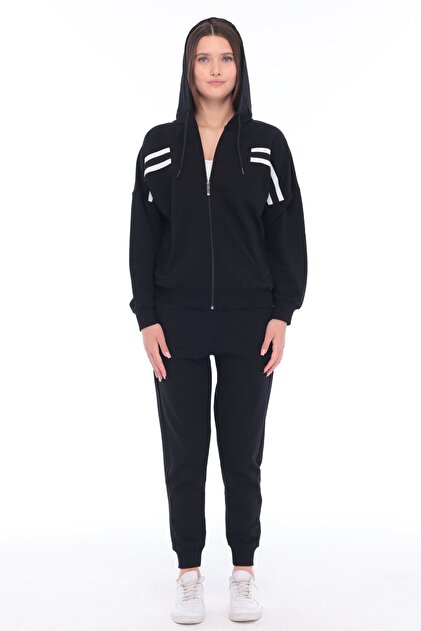 Women's Cotton Hooded Stripe Detailed Tracksuit Set Black -8521