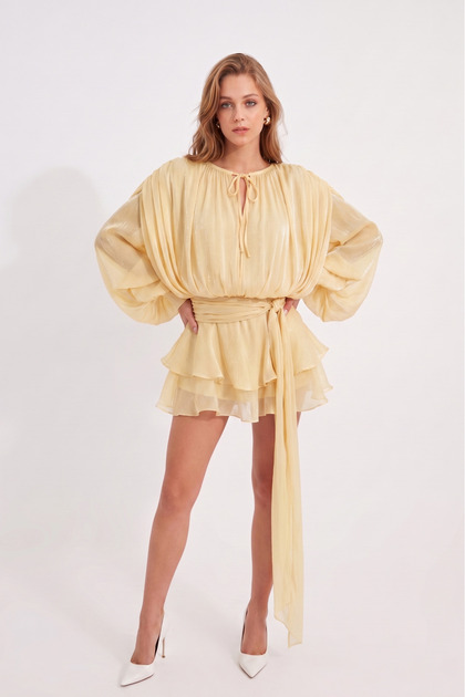 Women's Yellow Premium Trend Shiny Fabric Flowing Balloon Sleeve Skirt Ruffle Shorts Dress Ely-38990001