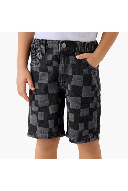 Elastic Waist Denim Shorts with Checked Design
