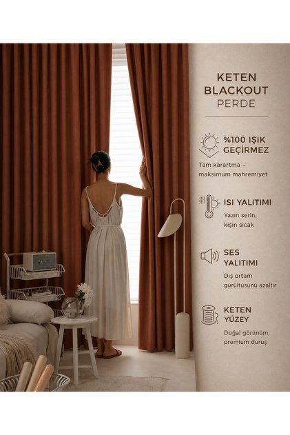 Keten Dokulu Işık Engelleyici Blackout Karartma Perde Pilesiz Düz Dikim