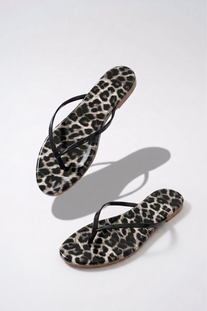 Women's Black and White Patent Leather Flat Sole Flip-Flops Casual Leopard Pattern Comfortable Stylish Thin Strap Summer Pool Sea Beach Slippers