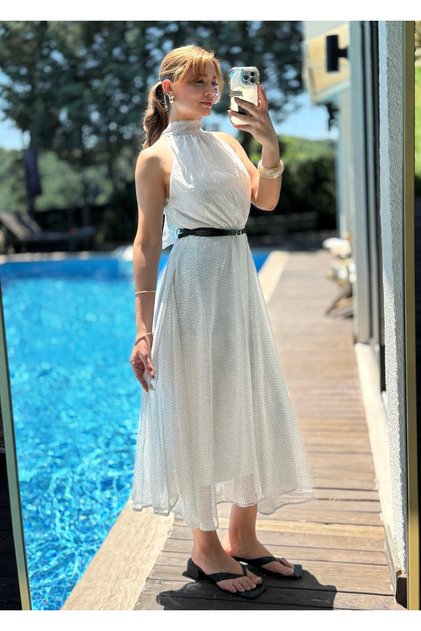 Women's self-scarf neck strap lined polka dot midi dress white