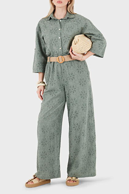 Straw Belted Brode Detailed Wide Leg Trousers Pants 2505