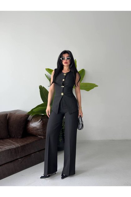 Asymmetrical Cut Design Buttoned Vest and Palazzo Trousers Two-Piece Set for Women