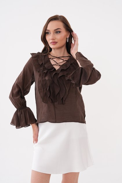 Women's Ruffled Lace-Up Long Sleeve Stylish Blouse with Flounce Detail