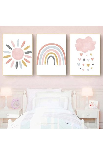 Nursery Pink Sunshine Rainbow Cloud Child Aesthetic Poster Wall Art Room Decor Self Adhesive