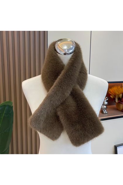 Women's Brown Faux Stylish Fur Plush Scarf Cross-Over Neck Collar