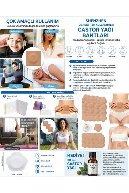 GANZHOU 25 Adet Kendinden Yapışkanlı Tek Kullanımlık CASTOR Yağı ( SOĞUK SIKIM HİNT YAĞI) Göbek Deliği Bantları+ 30 ml CASTOR YAĞI HEDİYE🎁
