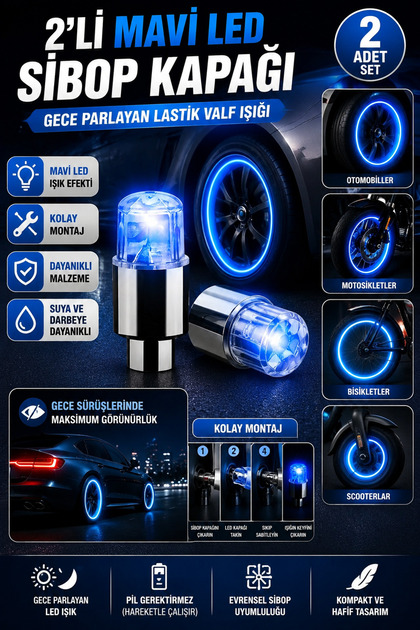 2'li Mavi LED Sibop Kapağı Araç Bisiklet Lastik Valf Işığı Gece Parlayan Hava Kapağı
