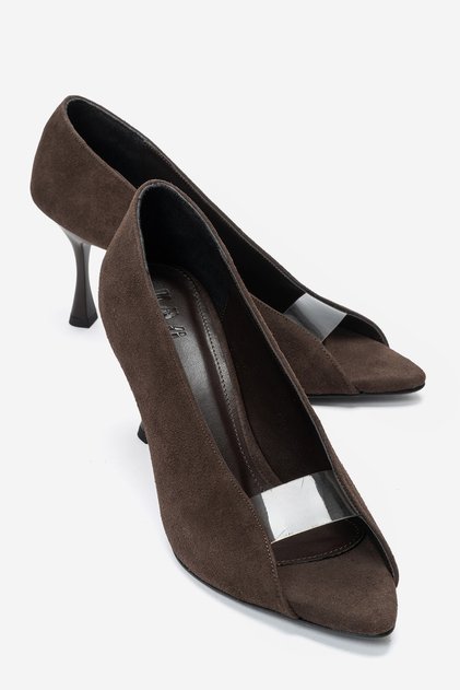 Varelia Brown Suede Women's Heeled Shoes with Transparent Straps