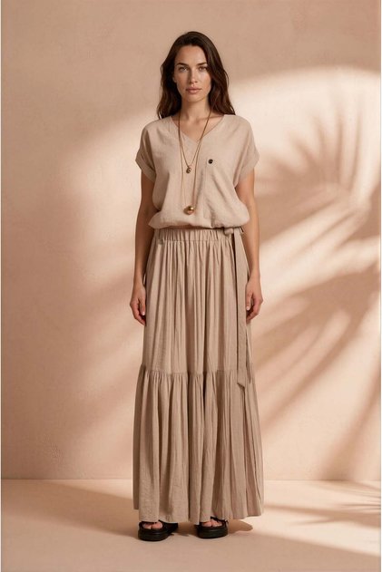 Beige Blouse and Wrinkled Look Maxi Skirt Set