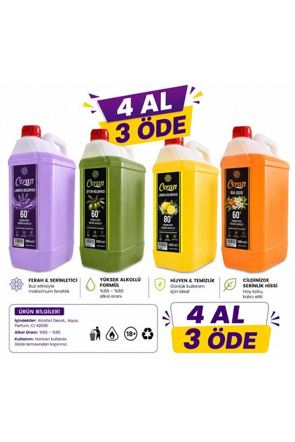 KOLONYA 4 ADET 5 LİTRE 4 AL 3 ÖDE LAVANTA, ZEYTİN, LİMON, İĞDE ÇİÇEĞİ