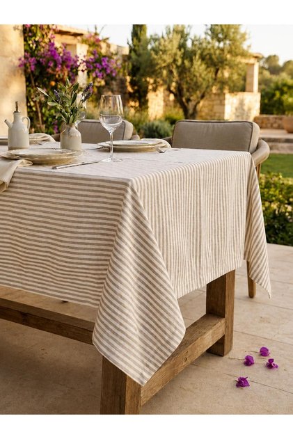 Milky Brown Striped Linen Premium Tablecloth