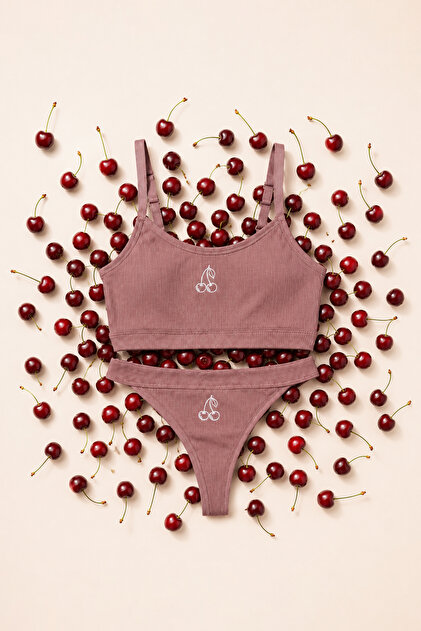 Powder Cotton Ribbed Cherry Printed Capless Strap Knitted Underwear Set