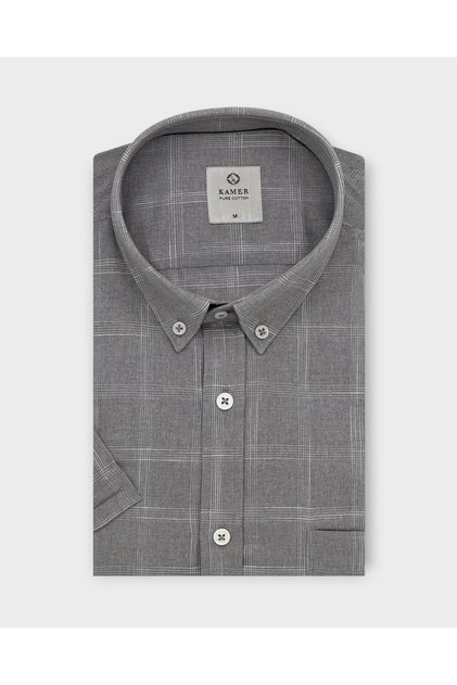 Men's Regular Fit Short Sleeve 100% Cotton Button-Up Collar Checked Dark Gray Shirt 9592kg