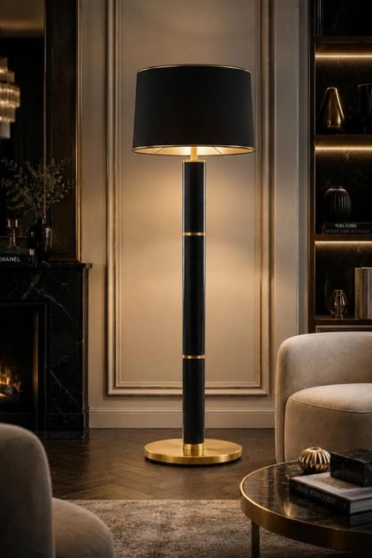 VENÜS BENETNASCH | MODERN PARLAK SİYAH & GOLD DETAYLAR METAL LAMBADER | SİYAH GOLD ŞERİT KUMAŞ BAŞLIK | AYAKLI PREMİUM AYDINLATMA | 2 MM PROFİL