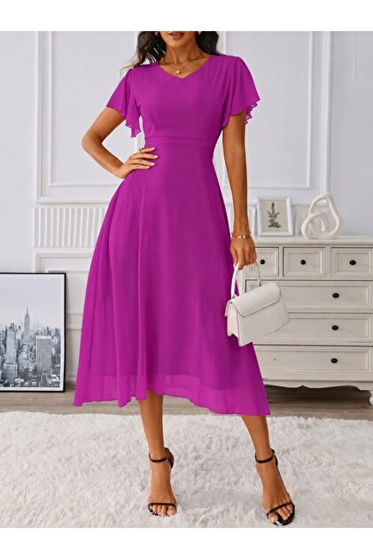purple short chiffon dress Wear Up Women's Sleeve V-Neck Midi Lined Cocktail dress Color:Fuscia euro tulle cape wedding gown White Casual Wedding Dress Winter;waist style