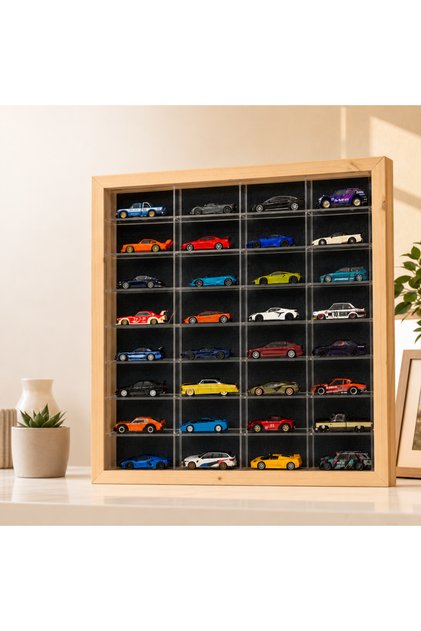 1:64 Ölçek Diecast Ahşap Çerçeve,Pleksi Raf,Kadife Panel 32 Araç Oyuncak Araba Sergileme rafı