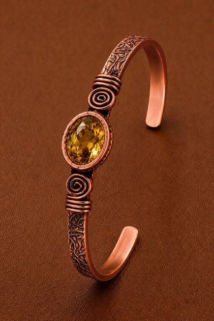 Women's Copper Bracelet with Yellow Topaz Natural Stone and Oval Patterned Embroidery