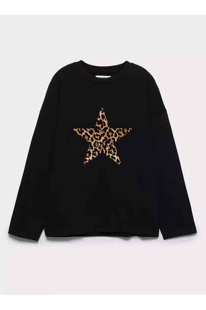 %100 Pamuk Oversize Fit Leopard Star Baskılı - Bisiklet Yaka Uzun Kollu T-shirt