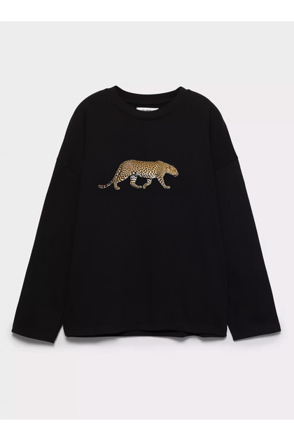 100% Cotton Oversize Fit Leopard Printed - Crew Neck Long Sleeve T-Shirt