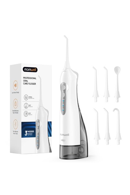 White Mornwell Water Flosser Teeth Pick: Cordless Oral Water Floss 300ML Rechargeable Travel Irrigat