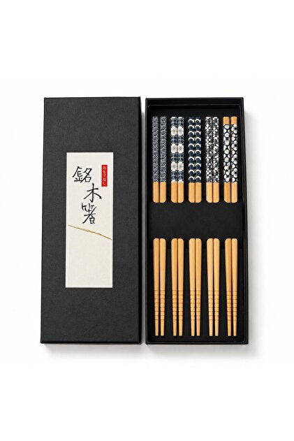 valkyrie 5 Çift Doğal Ahşap Yemek Çubuğu Seti Japon Desenli Kaymaz