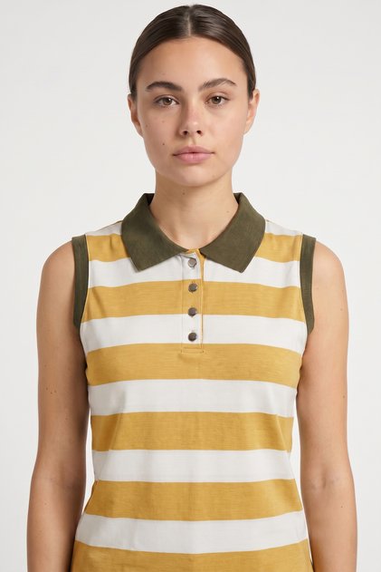 Sleeveless Polo Neck Striped T-Shirt - Yellow