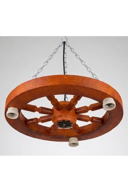 Candelabru rustic din lemn masiv, tip roată de carucior, maro
