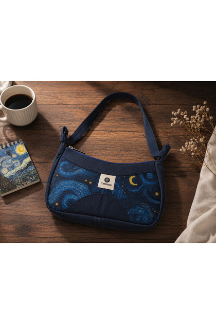 Van Gogh Yıldızlı Gece Temalı Kot Denim Baget Çanta