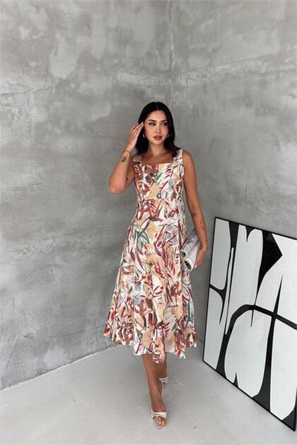 Women's Red Square Neck Floral Print Sleeveless Fitted Waist Midi Dress Nbk4670