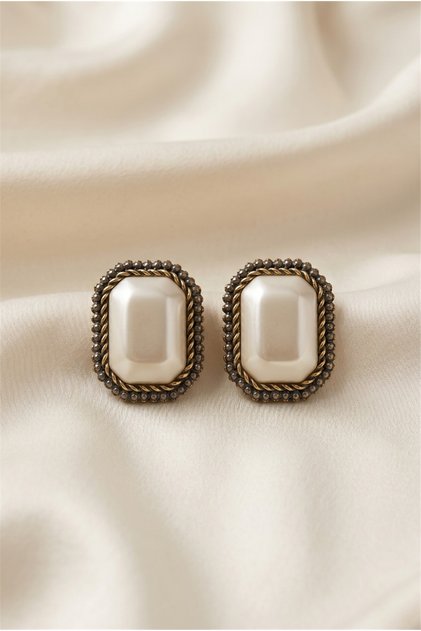 White Rectangular Pearl Earrings with Antique Detail