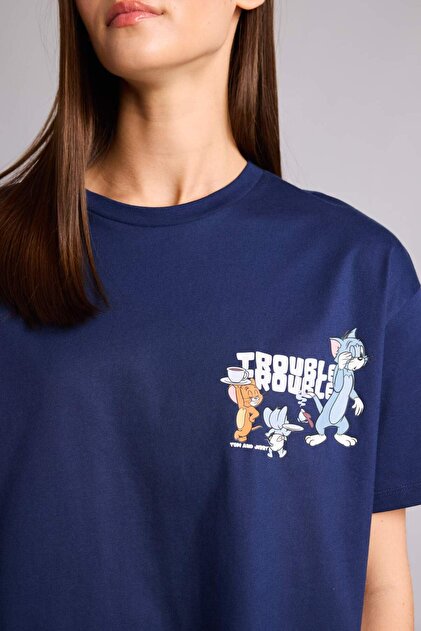 Defacto %100 Pamuk Tom & Jerry Oversıze Bisiklet Yaka Sırt Baskılı
