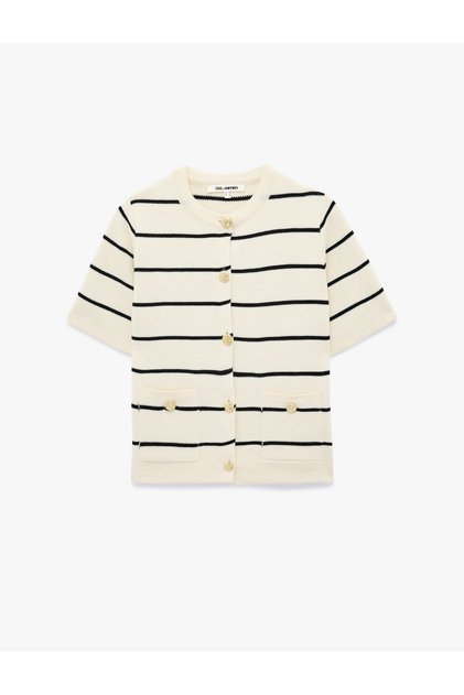 Crew Neck Short Sleeve Buttoned Striped Knitwear Cardigan with Pockets
