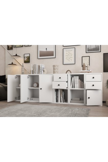Modern Çok Amaçlı Dolap 5 Kapaklı 4 Çekmeceli Açık Raflı Düzenleyici Dolap 202,6 cm Beyaz Kns-1190-Ç