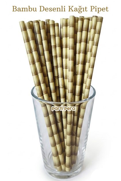 Bambu Desenli Kağıt Pipet Pakette 25 Adet
