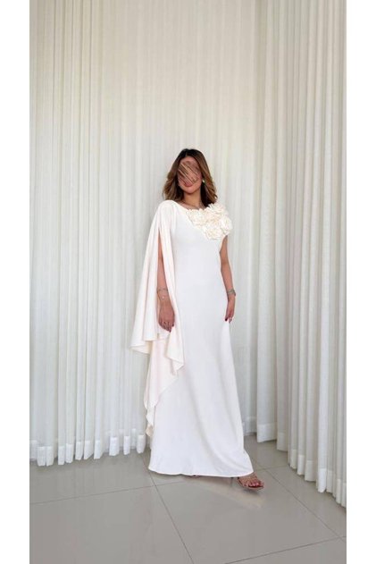 Long Crepe Spanish Bodard One Shoulder One Sleeve Maxi Dress - XS - White