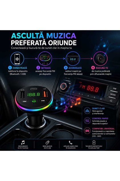 Transmițător FM Auto HM136-A cu Încărcare Rapidă, Player MP3, 2x USB + USB-C, Cablu 3 în 1 Integrat (Type-C, Lightning, Micro USB), Display LED, Iluminare RGB, Compatibil 12V/24V, Negru