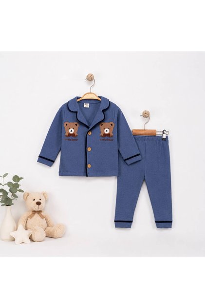 100% Cotton Long Sleeve Buttoned Seasonal Little Bear Patterned Soft Textured Bottom and Top Unisex Baby Pajama Set for Girls and Boys