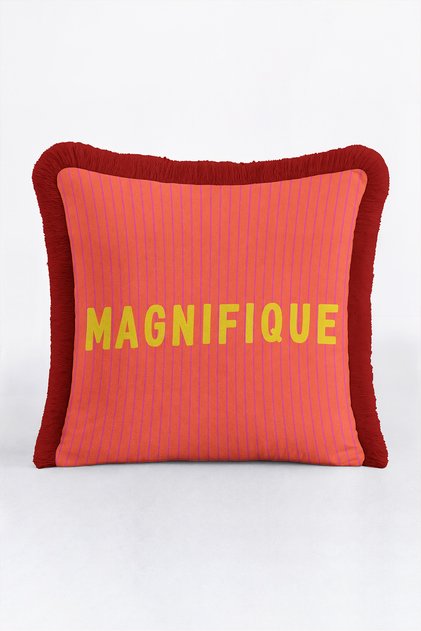 Magnifique Striped Fuchsia Coral Fringed Pillowcase-Text Retro Yellow Burgundy Tassel Throw Pillow Cover