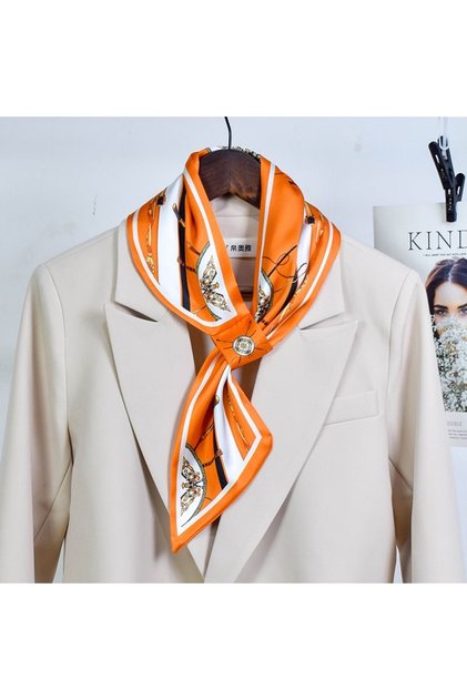 Women's Silk Satin Patterned Scarf Orange Stylish Neck Hair and Bag Accessory